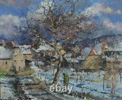 Ancien tableau paysage Impressionniste village Neige signé LUCIEN HAFFEN Alsace