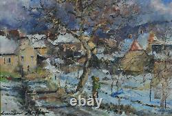 Ancien tableau paysage Impressionniste village Neige signé LUCIEN HAFFEN Alsace