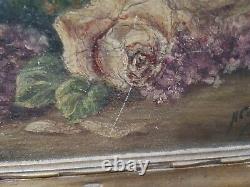 Ancien tableau peinture art floral huile sur panneau bois signé