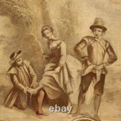 Ancien tableau peinture français cadre huile sur toile scène romantique paysage