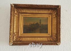 Ancien tableau peinture huile sur bois paysage personnage cadre doré XIX éme