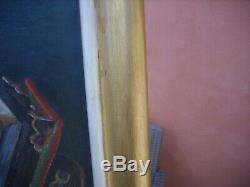 Ancien tableau peinture huile sur toile jeune garçon jouant de l'accordéon