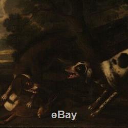 Ancien tableau peinture huile sur toile paysage scène de chasse 18ème siècle