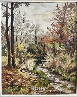 Ancien tableau peinture paysage arbre rivière huile toile XIX XX école française