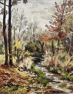 Ancien tableau peinture paysage arbre rivière huile toile XIX XX école française