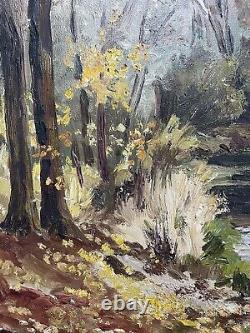 Ancien tableau peinture paysage arbre rivière huile toile XIX XX école française