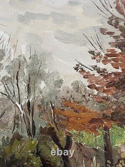 Ancien tableau peinture paysage arbre rivière huile toile XIX XX école française