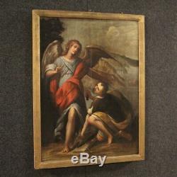 Ancien tableau peinture religieuse huile sur panneau cadre Tobie et l'Ange 600