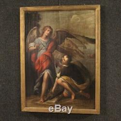 Ancien tableau peinture religieuse huile sur panneau cadre Tobie et l'Ange 600