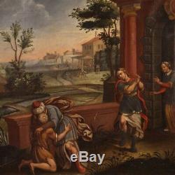 Ancien tableau peinture religieuse huile sur toile avec cadre fils prodigue 700