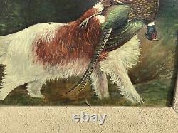 Ancien tableau peinture scène de chasse chien faisan huile sur toile signé