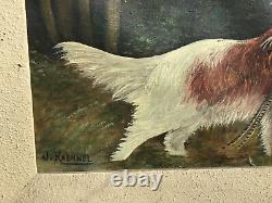 Ancien tableau peinture scène de chasse chien faisan huile sur toile signé
