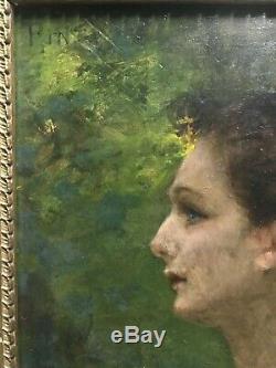 Ancien tableau peinture sur panneau HENRI PINTA (1856-1944) femme symboliste
