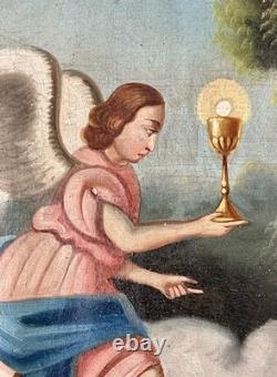 Ancien tableau religieux XVIII XIX 19 Jésus Christ saint ange vierge peinture