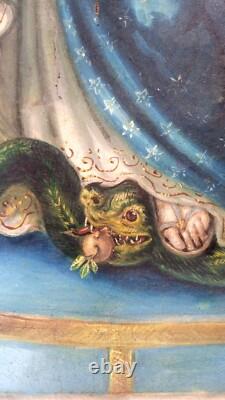 Ancien tableau religieux marie serpent Protévangile peinture huile sur toile HST