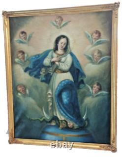 Ancien tableau religieux marie serpent Protévangile peinture huile sur toile HST