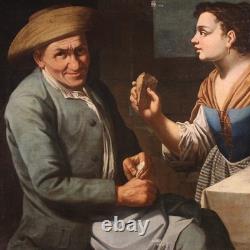 Ancien tableau scène de genre peinture lombarde huile sur toile 17ème siècle