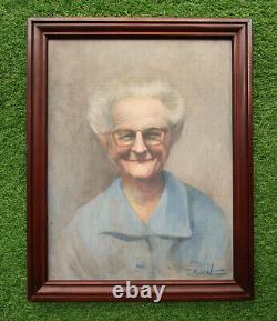 Ancien tableau signé huile sur bois, portrait d'une vieille dame souriante 1940