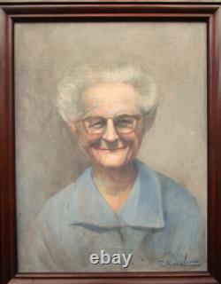 Ancien tableau signé huile sur bois, portrait d'une vieille dame souriante 1940