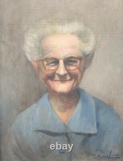 Ancien tableau signé huile sur bois, portrait d'une vieille dame souriante 1940
