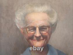 Ancien tableau signé huile sur bois, portrait d'une vieille dame souriante 1940