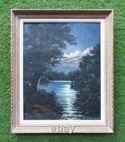 Ancien très beau tableau clair de lune sur la rivière signé en 1956 Huile