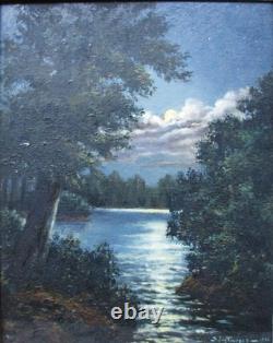 Ancien très beau tableau clair de lune sur la rivière signé en 1956 Huile