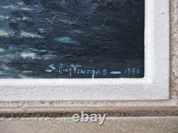 Ancien très beau tableau clair de lune sur la rivière signé en 1956 Huile