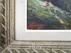 Ancien très beau tableau lac de montagne signé cadre style Montparnasse 1950