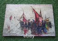Ancien très beau tableau marine signée bateau de pêche vers 1940 1950 à nettoyer