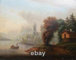 Ancien très beau tableau, milieu XIXe, huile sur toile pêcheur paysage Barbizon