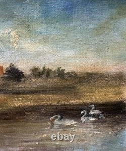 Ancienne HSP signée paysage lacustre aux cygnes Ecole Italienne ou Française
