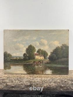 Ancienne HST signée jeune femme et son troupeau Ecole Française XIXe Barbizon