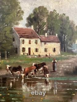 Ancienne HST signée jeune femme et son troupeau Ecole Française XIXe Barbizon
