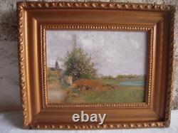 Ancienne Huile Sur Bois Paysage Anime Ecole Barbizon