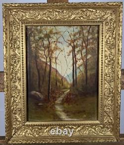 Ancienne Huile sur Panneau Paysage Vue d'une Forêt en automne Arbres Barbizon
