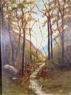 Ancienne Huile sur Panneau Paysage Vue d'une Forêt en automne Arbres Barbizon