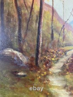 Ancienne Huile sur Panneau Paysage Vue d'une Forêt en automne Arbres Barbizon