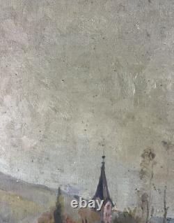 Ancienne Huile sur Toile Ecole Française fin XIXe Paysage Village de France
