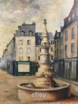 Ancienne Huile sur Toile Vue d'une Fontaine Signée et datée 1912 Alsace