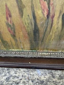 Ancienne Huile sur panneau ART NOUVEAU signée d'un monogramme circa 1900 fleurs