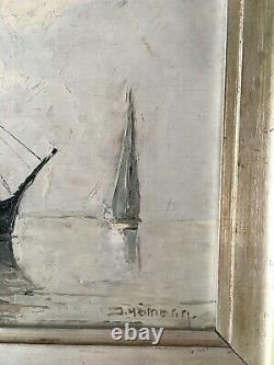 Ancienne Huile sur panneau Paysage marin marine bateau voilier signée Hermann