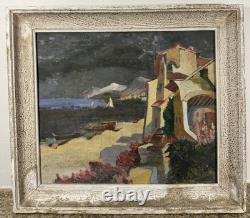 Ancienne Huile sur panneau. Vue présumée du pays basque Biarritz France