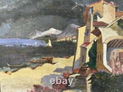 Ancienne Huile sur panneau. Vue présumée du pays basque Biarritz France