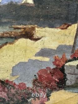 Ancienne Huile sur panneau. Vue présumée du pays basque Biarritz France