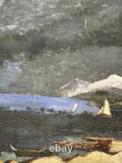 Ancienne Huile sur panneau. Vue présumée du pays basque Biarritz France