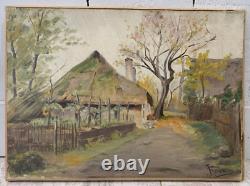 Ancienne Huile sur toile XIX-XXe Village d'Automne Ecole de l'Est signée