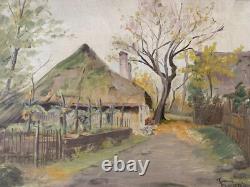 Ancienne Huile sur toile XIX-XXe Village d'Automne Ecole de l'Est signée