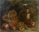 Ancienne Huile Sur Toile Nature Morte Aux Fruits D'automne Et Cuivre Signée