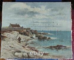 Ancienne Peinture Huile Sur Toile 19 Ème Siècle/Pêche/Pêcheur/Bretagne/Breton